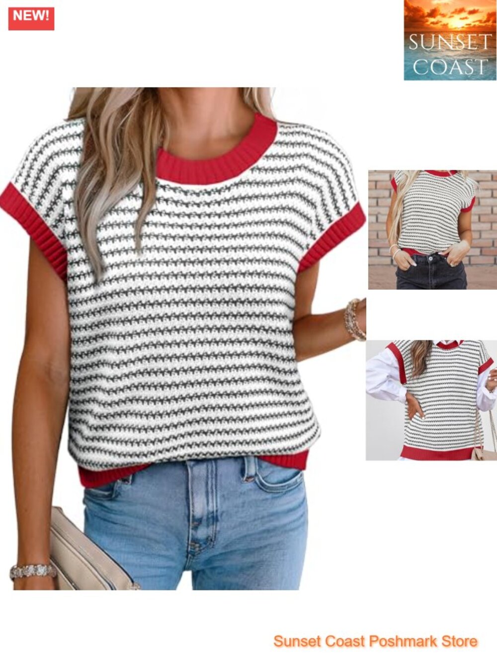 Womens Striped Cap Sleeve Sweater Vest Round Neck Tank Top Ribbed Knit Layering